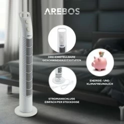 AREBOS Turmventilator 40 Watt Weiß (oszilierend, Drei Stufen, Timer) - Standventilator Säulenventilator Ventilator -Elektrischer Ventilator Verkäufe 12111425 3