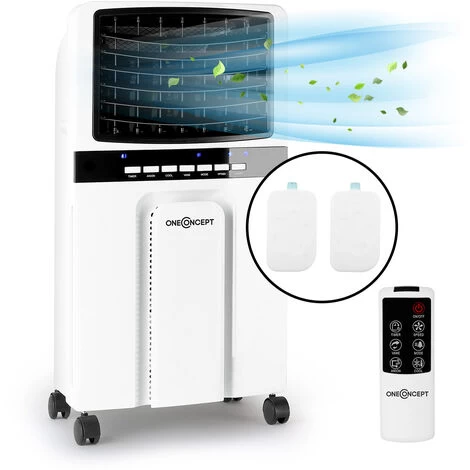 Oneconcept OneConcept Climatiseur Mobile, Climatiseur Portable, Humidificateur, Ventilateur, Ioniseur, Climatiseur Mobile Sans Évacuation, 2 Pack Glacons, Télécommande, 65W, Puissant Débit D'Air 400 M 3 Oneconcept OneConcept Climatiseur Mobile, Climatiseur Portable, Humidificateur, Ventilateur, Ioniseur, Climatiseur Mobile Sans Évacuation, 2 Pack Glacons, Télécommande, 65W, Puissant Débit D'Air 400 M