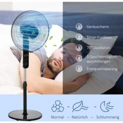HOMCOM Standventilator Mit Fernbedienung, Ventilator, Höhenverstellbarer Lüfter, 3 Geschwindigkeitsstufen, Verstellbarer Neigungswinkel, Metall, Schwarz, Ø44,5 X H110-124 Cm -Elektrischer Ventilator Verkäufe 18031570 4