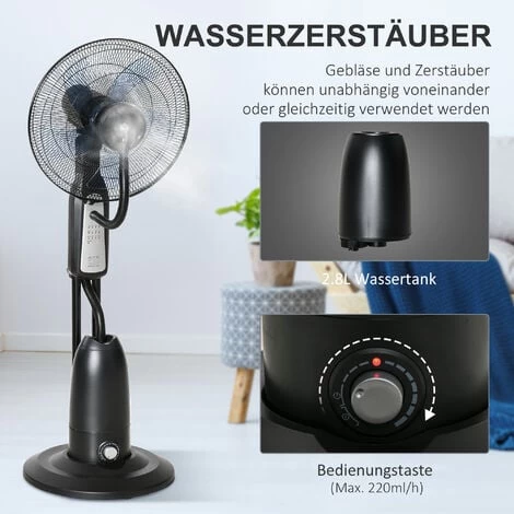 HOMCOM Standventilator Mit 2,8 Liter Wasserzerstäuber, Ventilator Mit Timer-Funktion Lüfter Mit 3 Modi Mit Nebelfunktion, Verstellbarer Neigungswinkel, Metall, Schwarz, 44,5cm X 44,5cm X 120cm 7 HOMCOM Standventilator Mit 2,8 Liter Wasserzerstäuber, Ventilator Mit Timer-Funktion Lüfter Mit 3 Modi Mit Nebelfunktion, Verstellbarer Neigungswinkel, Metall, Schwarz, 44,5cm X 44,5cm X 120cm – Bild 5