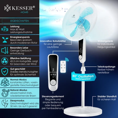 KESSER® - Standventilator Mit Fernbedienung Und Display Led - Timer Leise Oszillation 80 Grad - 60 Watt - Ventilator Höhenverstellbarer 115 - 134 Cm - Kopf 35 Grad Neigbar - 3 Geschwindigkeiten, Weiß 4 KESSER® - Standventilator Mit Fernbedienung Und Display Led - Timer Leise Oszillation 80 Grad - 60 Watt - Ventilator Höhenverstellbarer 115 - 134 Cm - Kopf 35 Grad Neigbar - 3 Geschwindigkeiten, Weiß – Bild 2