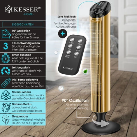 KESSER Turmventilator FERNBEDIENUNG Ventilator LED Display Standventilator Klimaanlage, Schwarz / Gold 4 KESSER Turmventilator FERNBEDIENUNG Ventilator LED Display Standventilator Klimaanlage, Schwarz / Gold – Bild 2