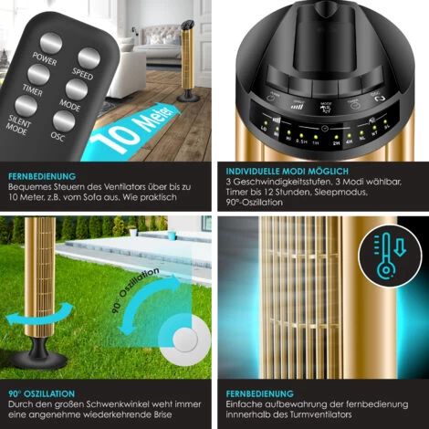 KESSER Turmventilator FERNBEDIENUNG Ventilator LED Display Standventilator Klimaanlage, Schwarz / Gold 5 KESSER Turmventilator FERNBEDIENUNG Ventilator LED Display Standventilator Klimaanlage, Schwarz / Gold – Bild 3