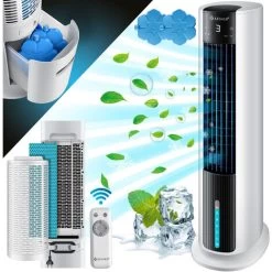 KESSER® 4in1 Mobile Klimaanlage Tower Klimagerät Ventilator/Luftkühler/Luftbefeuchter/Ionisator, Mit Fernbedienung , Timer , Wassertank, 60W, Klima , 2 Kühlakkus Turmventilator, Weiß / Schwarz