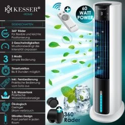KESSER® 4in1 Mobile Klimaanlage Tower Klimagerät Ventilator/Luftkühler/Luftbefeuchter/Ionisator, Mit Fernbedienung , Timer , Wassertank, 60W, Klima , 2 Kühlakkus Turmventilator, Weiß / Schwarz -Elektrischer Ventilator Verkäufe 49516399 3