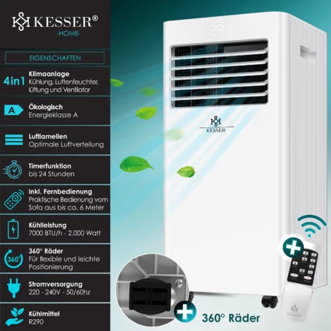 KESSER® - Klimaanlage Mobiles Klimagerät 4in1 Kühlen, Luftentfeuchter, Lüften, Ventilator - 7000 BTU/h (2.000 Watt) 2,3KW - Mobil Klima Mit Montagematerial, Fernbedienung Und Timer, Nachtmodus, Weiß, 7000BTU 4 KESSER® - Klimaanlage Mobiles Klimagerät 4in1 Kühlen, Luftentfeuchter, Lüften, Ventilator - 7000 BTU/h (2.000 Watt) 2,3KW - Mobil Klima Mit Montagematerial, Fernbedienung Und Timer, Nachtmodus, Weiß, 7000BTU – Bild 2
