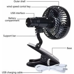 Neuer USB-Lüfter, Abnehmbarer Tragbarer Clip-Lüfter Für Tisch, Schreibtisch, Studentenbett, Kinderwagen, Camping, Reisen (Akku Inklusive) - Schwarz -Elektrischer Ventilator Verkäufe 52037297 3