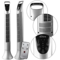 TroniTechnik® TUV02 Turmventilator Standventilator Mit Fernbedienung, Mobiler Lüfter, Standventilator Mit Oszilation, 3 Geschwindigkeiten, 3 Lüftungs-Modi, Timer 7.5 Stunden, 95 Cm Silber Sehr Leise