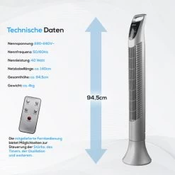 TroniTechnik® TUV02 Turmventilator Standventilator Mit Fernbedienung, Mobiler Lüfter, Standventilator Mit Oszilation, 3 Geschwindigkeiten, 3 Lüftungs-Modi, Timer 7.5 Stunden, 95 Cm Silber Sehr Leise -Elektrischer Ventilator Verkäufe 56250675 5