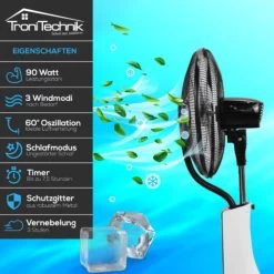 Tronitechnik® Stand-Ventilator Mit Wasser-Kühlung Sprühnebel Raumbefeuchter, Fernbedienung, 90 Watt, Oszillierend, 3 Geschwindigkeitsstufen, Timer, 3 Belüftungsmodi, Sehr Leise Für Schlafzimmer -Elektrischer Ventilator Verkäufe 56250727 3