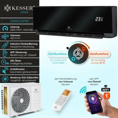 KESSER® Klimaanlage SET Split - Klimagerät Mit WiFi/App Funktion - Kühlen A++/ Heizen A+ , Kältemittel R32 - LCD-Display , Fernbedienung Und Timerfunktion - Inkl. Komplettem Montagematerial, Split 90 5 KESSER® Klimaanlage SET Split - Klimagerät Mit WiFi/App Funktion - Kühlen A++/ Heizen A+ , Kältemittel R32 - LCD-Display , Fernbedienung Und Timerfunktion - Inkl. Komplettem Montagematerial, Split 90 – Bild 3