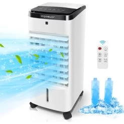 Aigostar Klimagerät Mobil Ohne Abluftschlauch, 60W Luftkühler Mit Wasserkühlung 3,5L Wassertank, 65° Oszillation, 1-12H Timer, Mit Fernbedienung & 2 Kühlakkus, 3Modi Verdunstungskühler Air Cooler