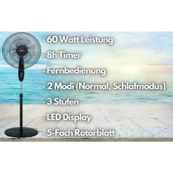 Zilan Standventilator Mit Fernbedienung LED-Display 8h Timer 3 Geschwindigkeitsstufen Oszilierender Ventilator Windmaschine 40 Cm Oszilierend 60 Watt