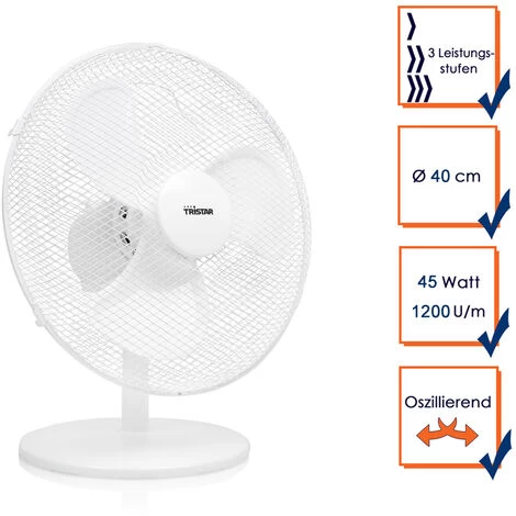 Tristar Tischventilator Weiß Ø 40cm 3-Stufen 3077,4m³/Std Oszillierend 3 Tristar Tischventilator Weiß Ø 40cm 3-Stufen 3077,4m³/Std Oszillierend