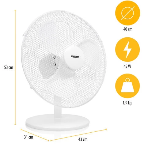 Tristar Tischventilator Weiß Ø 40cm 3-Stufen 3077,4m³/Std Oszillierend 5 Tristar Tischventilator Weiß Ø 40cm 3-Stufen 3077,4m³/Std Oszillierend – Bild 3
