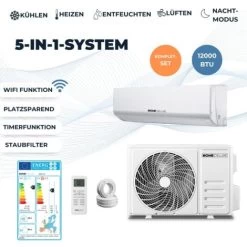 Home Deluxe - Klimaanlage Set SPLIT 12-12000 BTU/h (3.400 Watt) - Quick Connect, WIFI, Alexa Und Google Home Kompatibel - 5 In 1 System [Energieklasse A+]